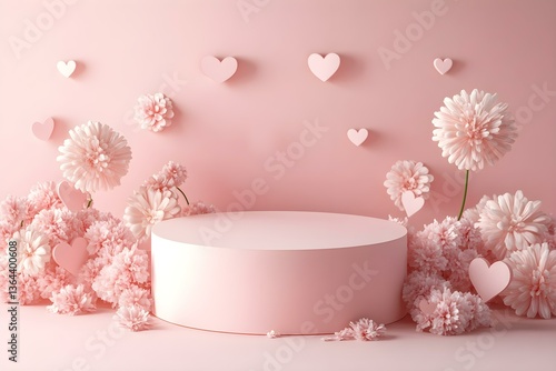 Round empty podium on a soft pastel background, surrounded by flowers,hearts. Perfect for Mother's Day