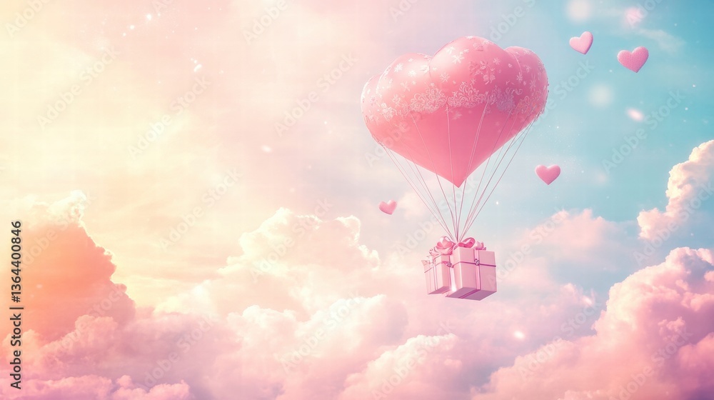 A Box flying on a parachute with pink cloud in valentine day,package flying down from sky and cloud with parachute, concept for delivery service,shopping online,air delivery service. A Box flying on a parachute with pink cloud in valentine day,package flying down from sky and cloud with parachute, concept for delivery service,shopping online,air delivery service.