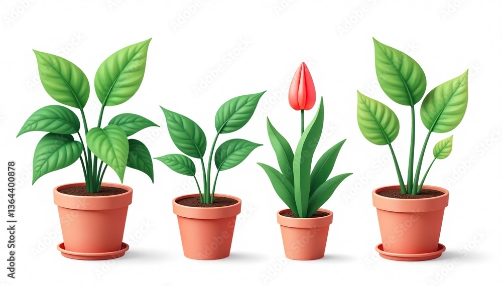 Obraz premium Flat 2D illustrated set of indoor plants in pots with begonia and alocasia in flowerpots on white background, interior design, trendy plants