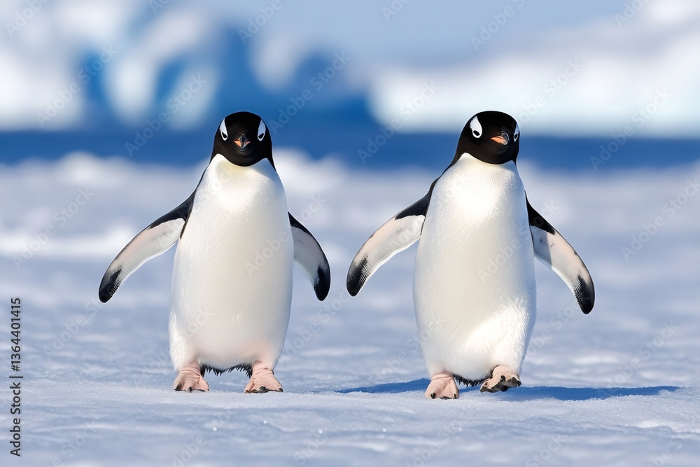 Obraz premium Two penguins walking on snow in Antarctica