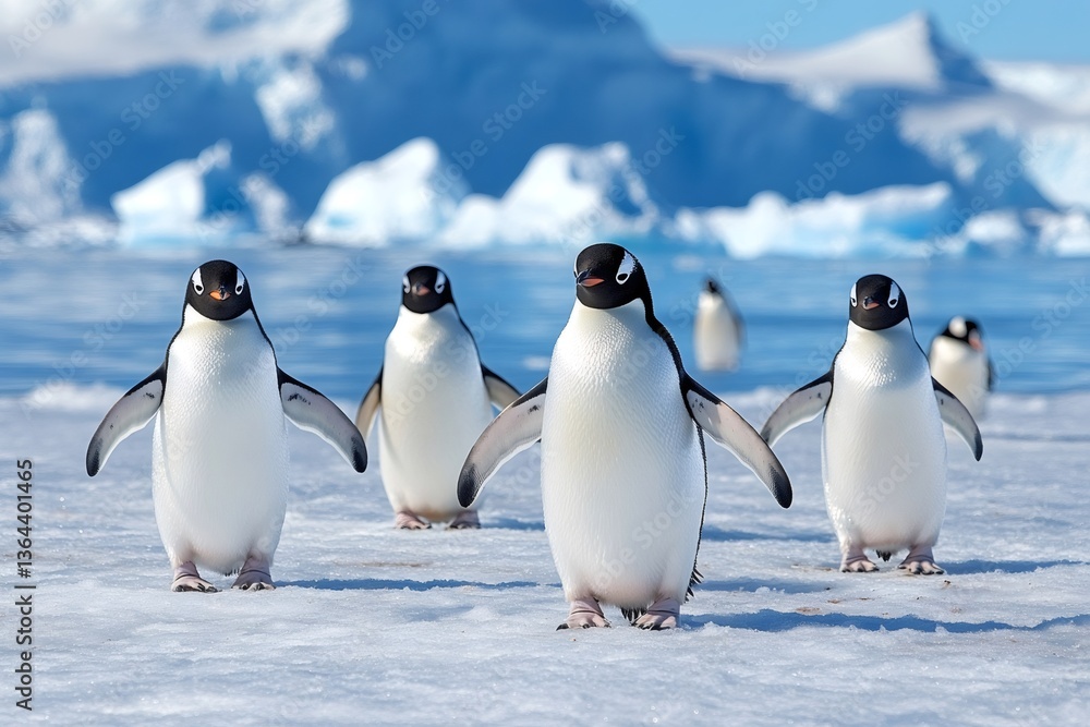 Obraz premium Gentoo penguins walking on snowy antarctica ground