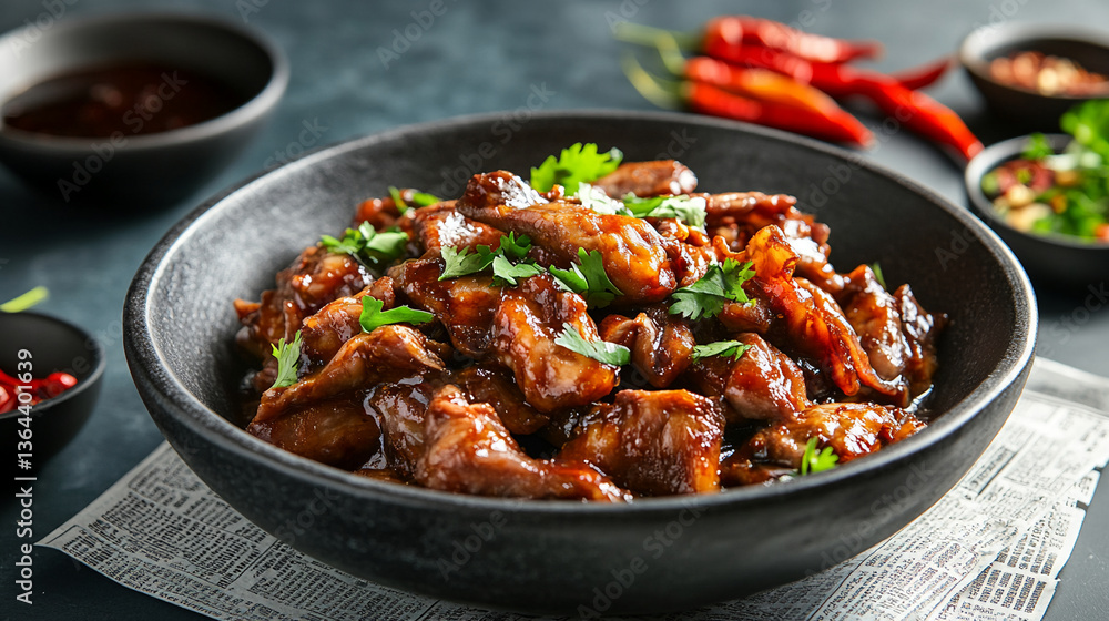 Delicious caramelized pork belly with fresh coriander and chili peppers served in bowl Delicious caramelized pork belly with fresh coriander and chili peppers served in bowl