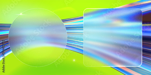 Glass morphism  geometric  screens  on the modern tech bright light green abstract background. Transparent matt glass plates on the blue holographic texture.