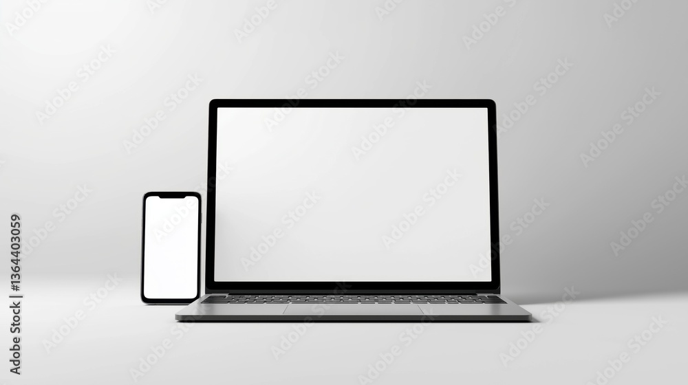 a modern laptop computer with a blank screen, positioned beside a smartphone with a blank screen a modern laptop computer with a blank screen, positioned beside a smartphone with a blank screen
