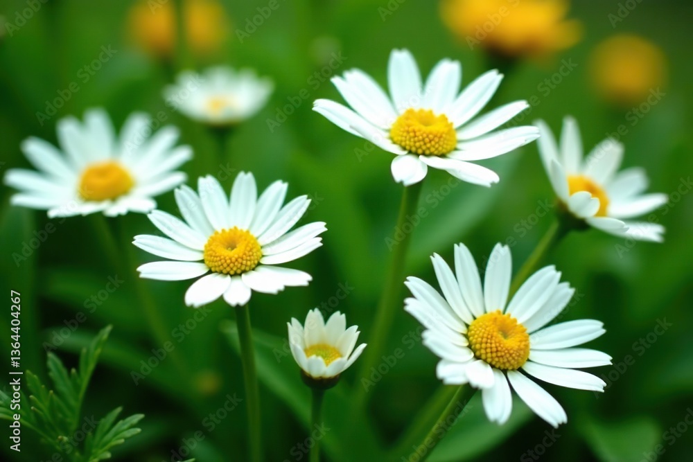 Close-up of white daisies surrounded by green foliage in a garden, botanical, nature Close-up of white daisies surrounded by green foliage in a garden, botanical, nature