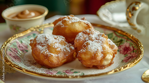 Wallpaper Mural Delicious Beignets Served on Ornate Plate with Powdered Sugar and Dipping Sauce Torontodigital.ca