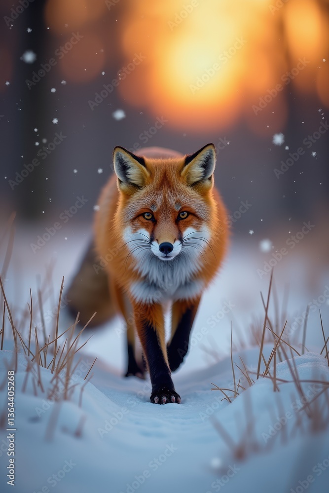 Obraz premium Fox walking snowy at sunset