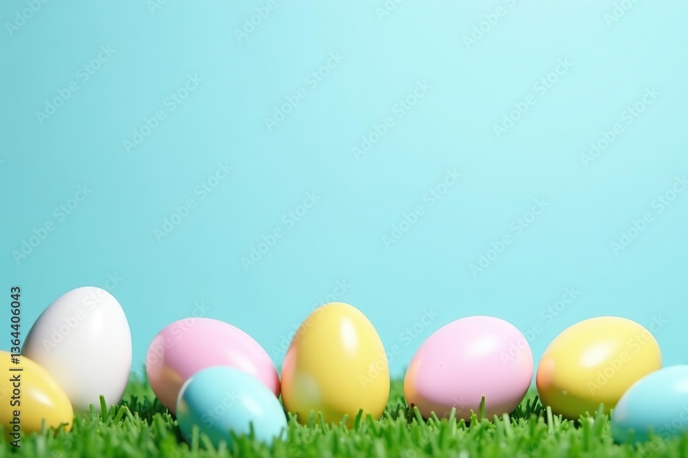 Easter party concept with bunny ears, white pink blue and yellow eggs on a pastel blue background, eggs, bunny ears Easter party concept with bunny ears, white pink blue and yellow eggs on a pastel blue background, eggs, bunny ears