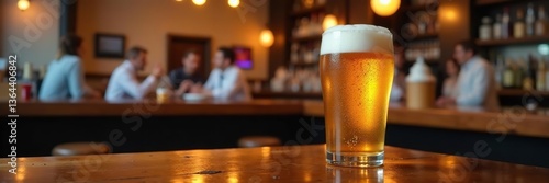 Glass of cold beer with foam head on wooden bar counter in cozy pub with warm lighting Blurred background of pub interior highlighting inviting and relaxing atmosphere,  interior,  warm lighting
