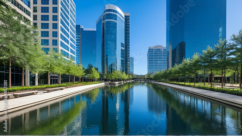 Waterway with Glass Buildings in The Woodlands TX