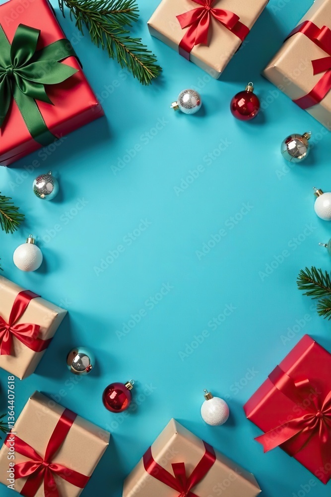 Christmas presents and decorations arranged neatly on a festive blue background, perfect for holiday mockups and flat lay photography, New Year, mockup Christmas presents and decorations arranged neatly on a festive blue background, perfect for holiday mockups and flat lay photography, New Year, mockup