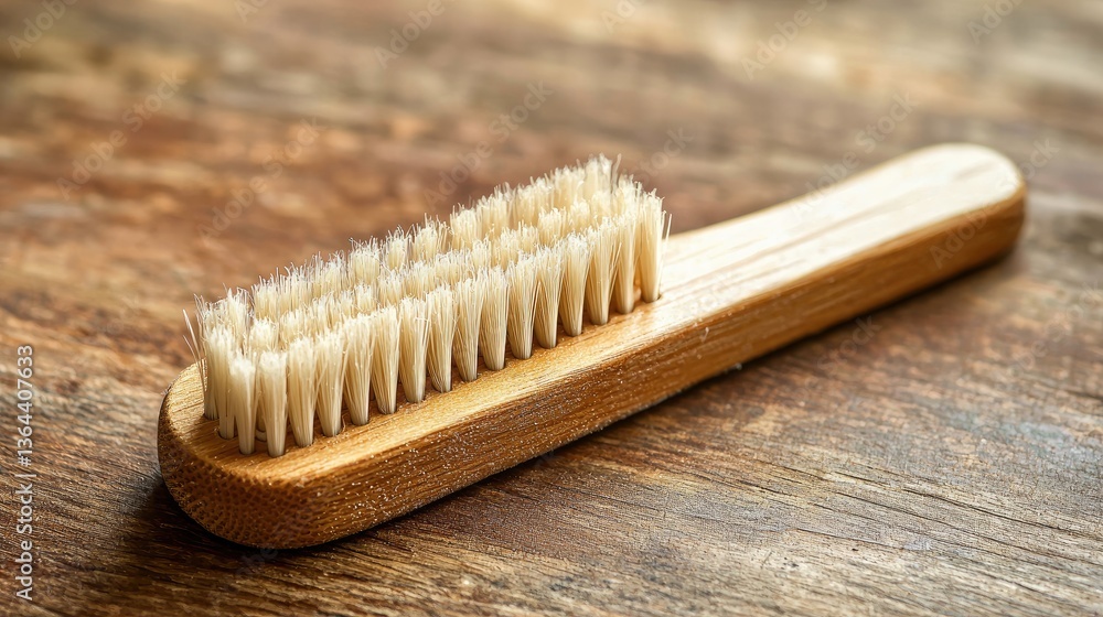 A wooden handled brush resting on a textured wooden surface A wooden handled brush resting on a textured wooden surface
