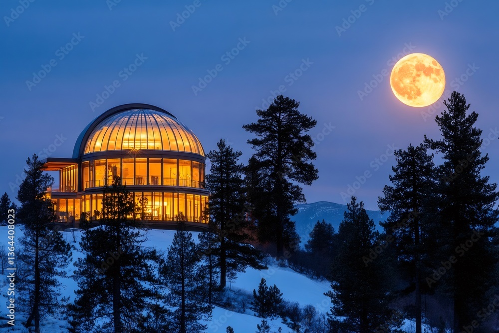 Fototapeta premium Modern glass dome house glowing under full moon in winter forest