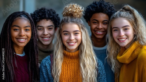 A diverse group of smiling teenagers happily pose together for a friendly portrait showcasing youthful unity and joy.