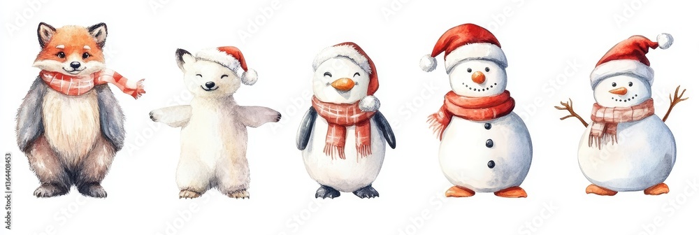 Obraz premium Watercolor Winter Animals Fox, Bear, Penguin, Snowman in Santa Hats,Holiday ,Cartoon