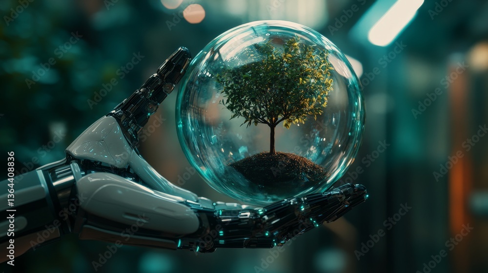 Robot Hand Holding Tree Globe Future of Nature, Technology, Sustainability Robot Hand Holding Tree Globe Future of Nature, Technology, Sustainability