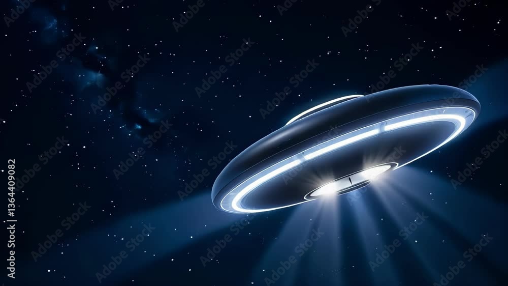 Sci-Fi UFO hovering in space with glowing lights Sci-Fi UFO hovering in space with glowing lights