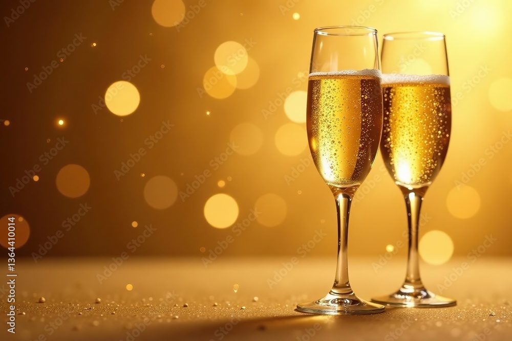 Golden champagne bubbles with a sparkling bokeh effect in the background, festive, celebration Golden champagne bubbles with a sparkling bokeh effect in the background, festive, celebration