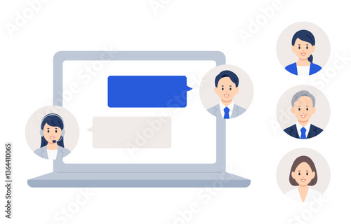 パソコンでオペレーターとチャットするビジネスパーソン（差し替え用のアイコンセット）【人物ベクターイラスト素材】