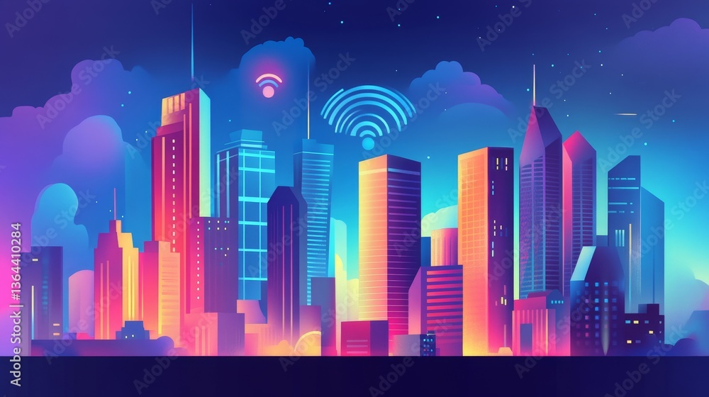 Fototapeta premium Colorful Cityscape with WiFi Signals, Digital, Technology