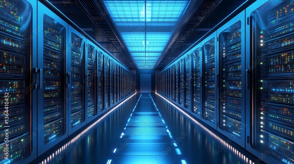 Fototapeta premium Blue Server Room Perspective Data Center Infrastructure , Data, Servers