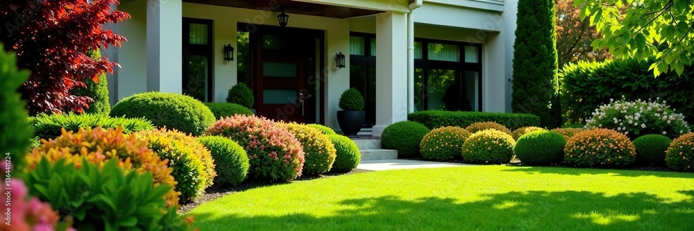 Obraz premium Front yard with vibrant multicolored shrubs and lush green lawns in modern landscape design, modern, home