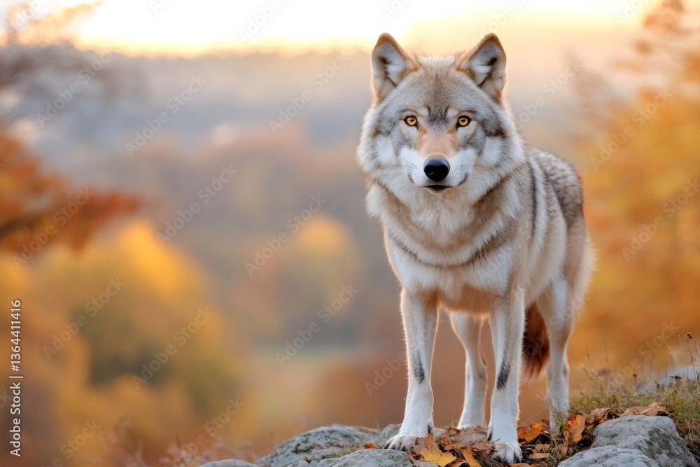 Fototapeta premium Majestic wolf standing on a rock in autumn forest at sunset