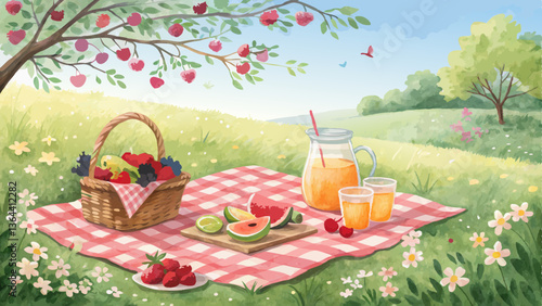  Watercolor picnic scene, vibrant checkered blanket with fresh fruits and drinks, festive solstice gathering with copy space 