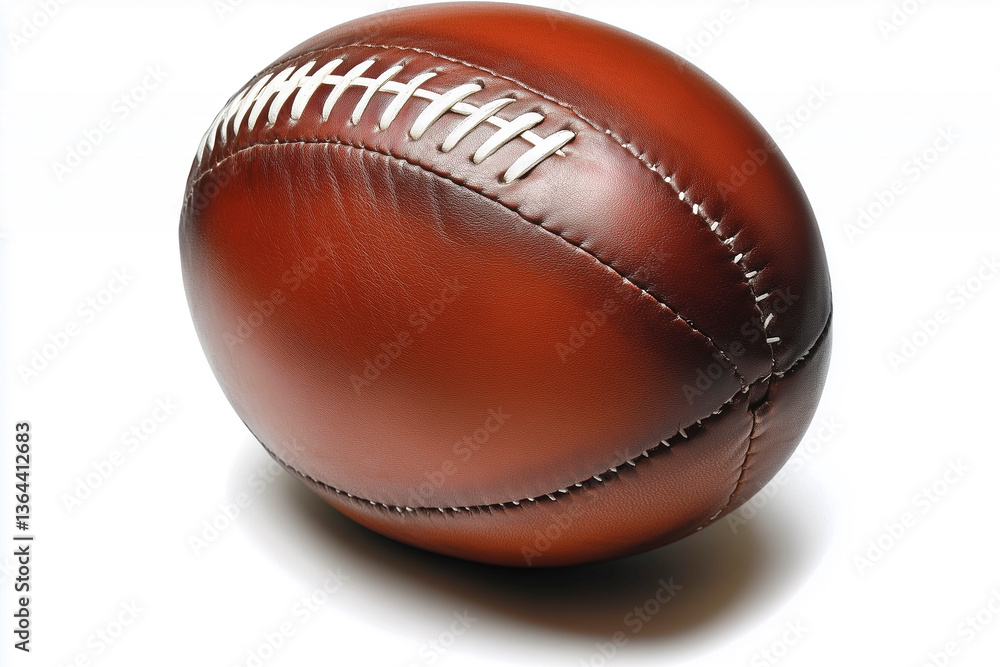 A hyperrealistic football (American), detailed pebble grain texture, white laces, rich brown leather, realistic lighting reflections, isolated on a pure white background, ultra sharp, 8K resolution A hyperrealistic football (American), detailed pebble grain texture, white laces, rich brown leather, realistic lighting reflections, isolated on a pure white background, ultra sharp, 8K resolution
