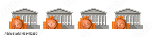 Vector set of detailed financial icons. Stacks of bronze coins. Symbolic classic gray central bank building with columns. Turkish lira, Canadian dollar, Arab riyal and Swiss frank. Economics
