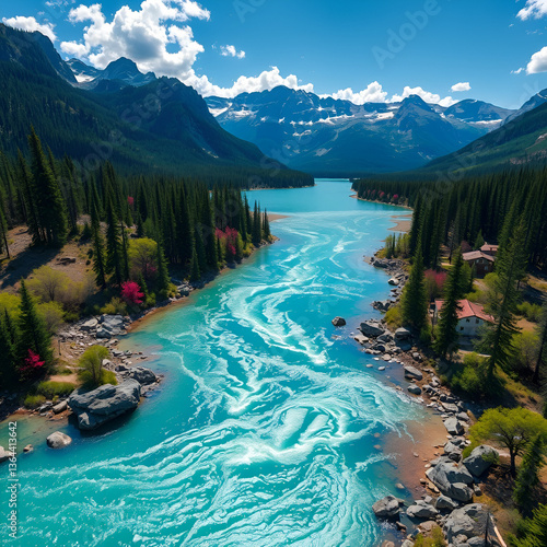 Banff national park, spring beauty, aerial photography, vibrant colors, capturing the shimmering, rippling water and the ubiquitous breeze, high-definition photography. Omnipresent. Illustration