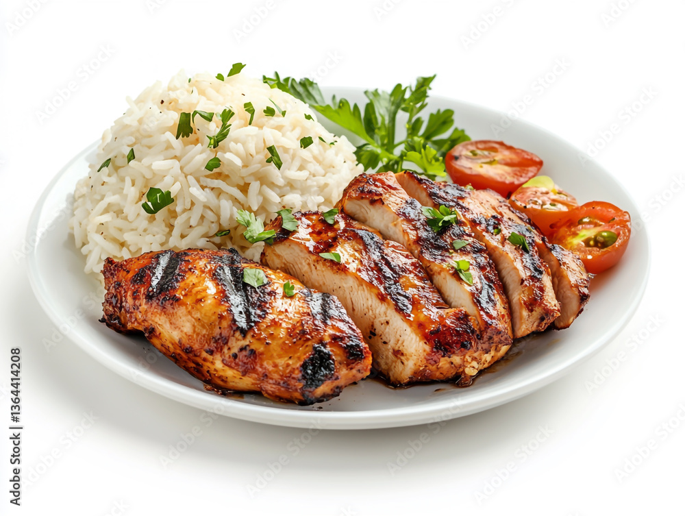 Grilled chicken meat with rice on a plate, isolated on a white background Grilled chicken meat with rice on a plate, isolated on a white background