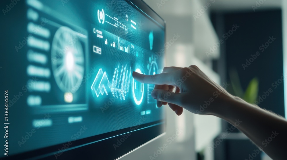 A person using a smart air conditioner to control room temperature, office setting with digital interface showing temperature settings and energy usage, High-tech style A person using a smart air conditioner to control room temperature, office setting with digital interface showing temperature settings and energy usage, High-tech style