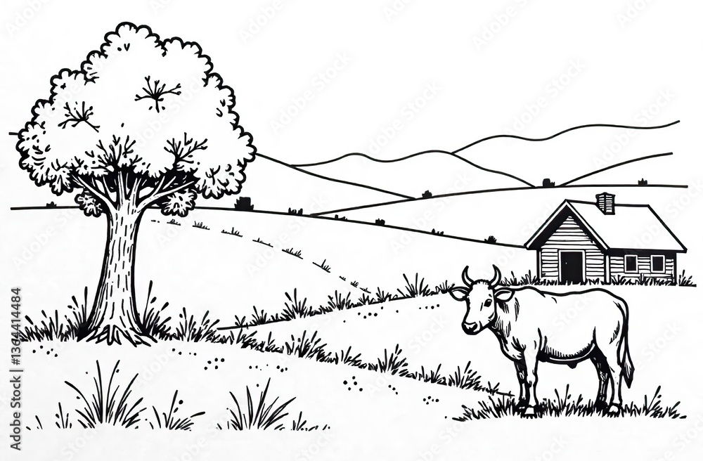 Naklejka premium farm animals and rural landscape coloring vector for adults