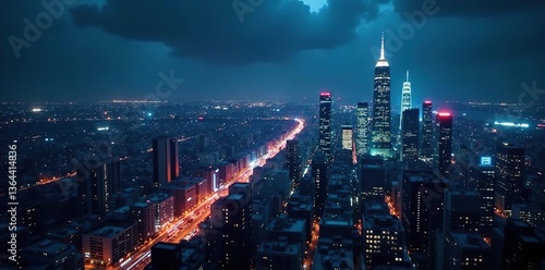 Wallpaper Mural Futuristic city skyline at night with glowing lights and digital network connections,  lights, cityscape Torontodigital.ca