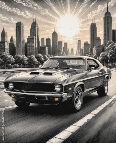 Classic car on highway with city in background, halftone  drawing.