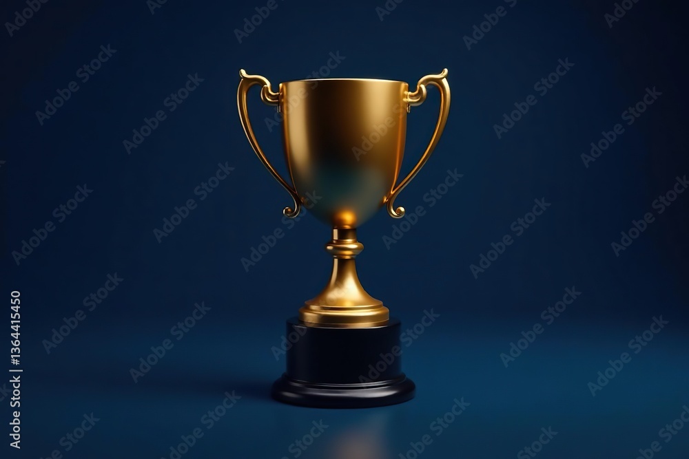 Fototapeta premium Golden trophy cup on dark blue background centered with gleaming reflection, first place, golden