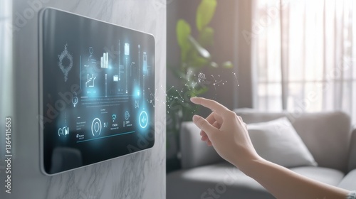 A person using a smart air purifier to monitor indoor air quality, home setting with device displaying air quality data and settings, High-tech style