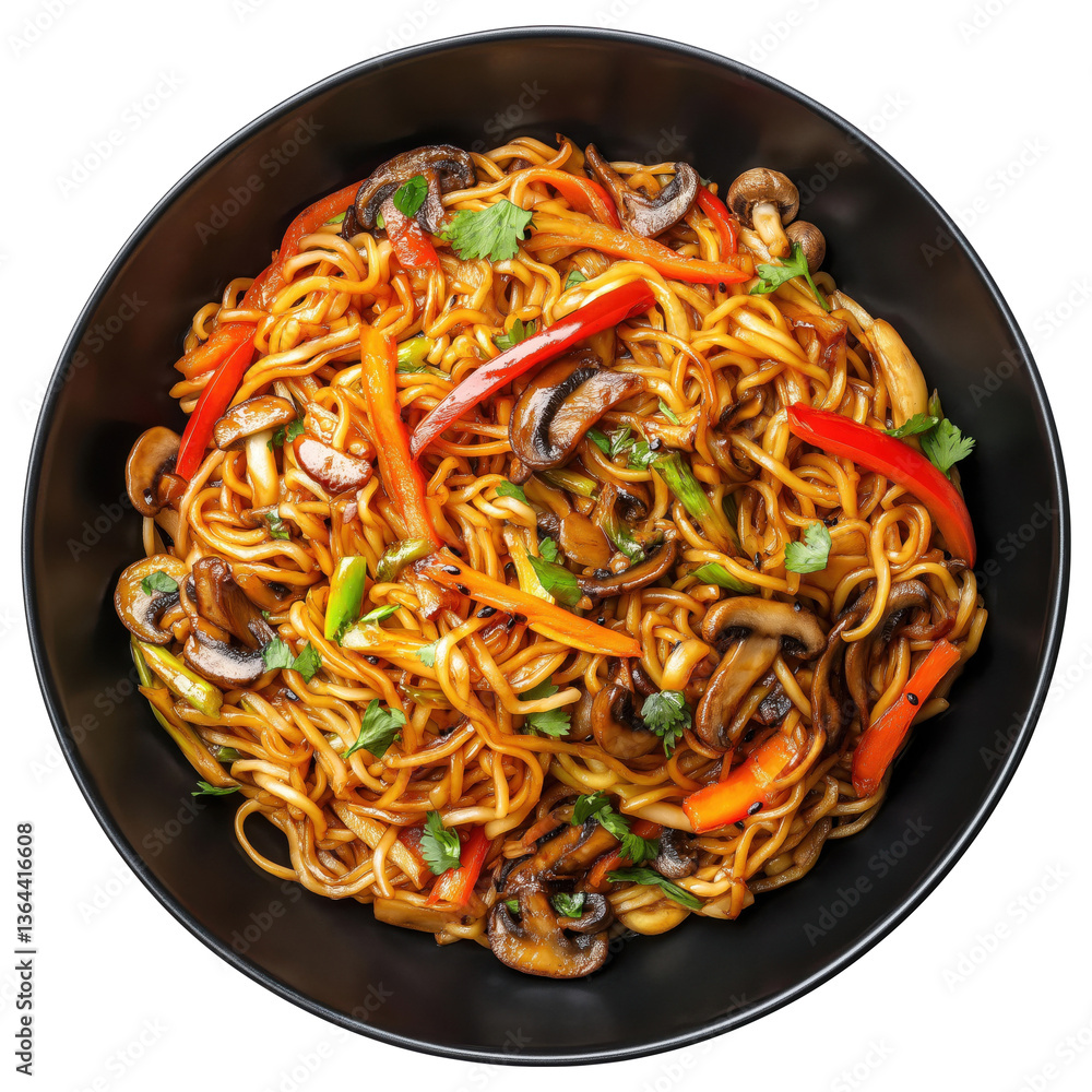 Wok noodles with vegetables and mushrooms in a black bowl, isolated on a transparent background Wok noodles with vegetables and mushrooms in a black bowl, isolated on a transparent background