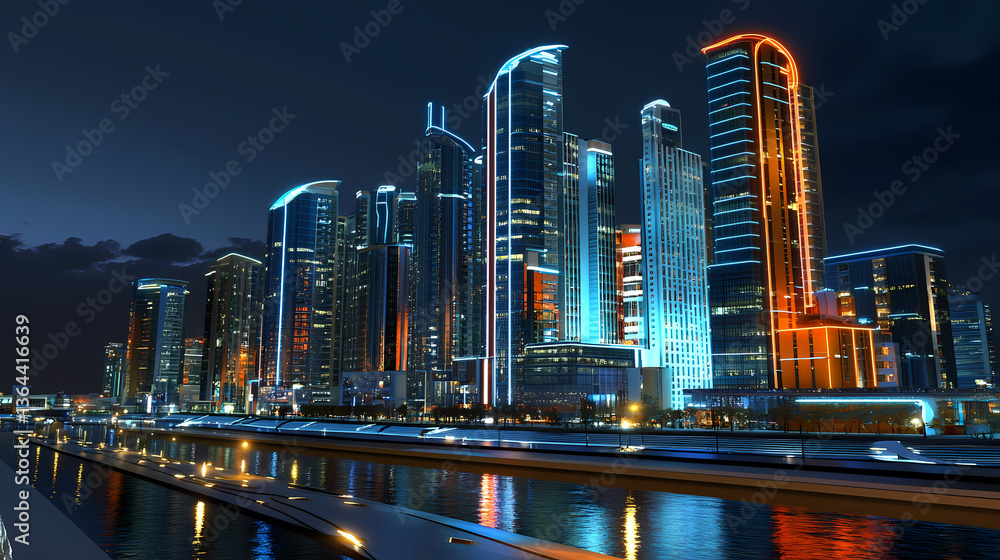 Obraz premium Modern Cityscape at Night with Illuminated Towers
