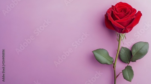 Stock photo of red roses on pastel purple background on pastel red background. Space for copying text.