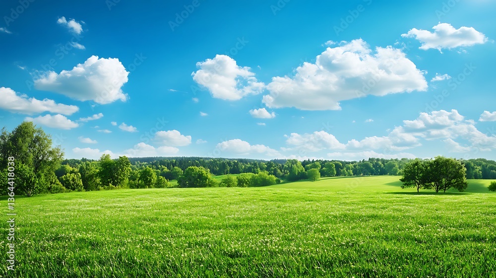 Obraz premium Green meadow under blue sky with white clouds. Spring landscape.