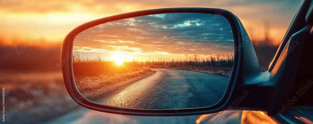 Sunset reflected in a car's side mirror, showcasing a winding road and vibrant sky. Sunset reflected in a car's side mirror, showcasing a winding road and vibrant sky.