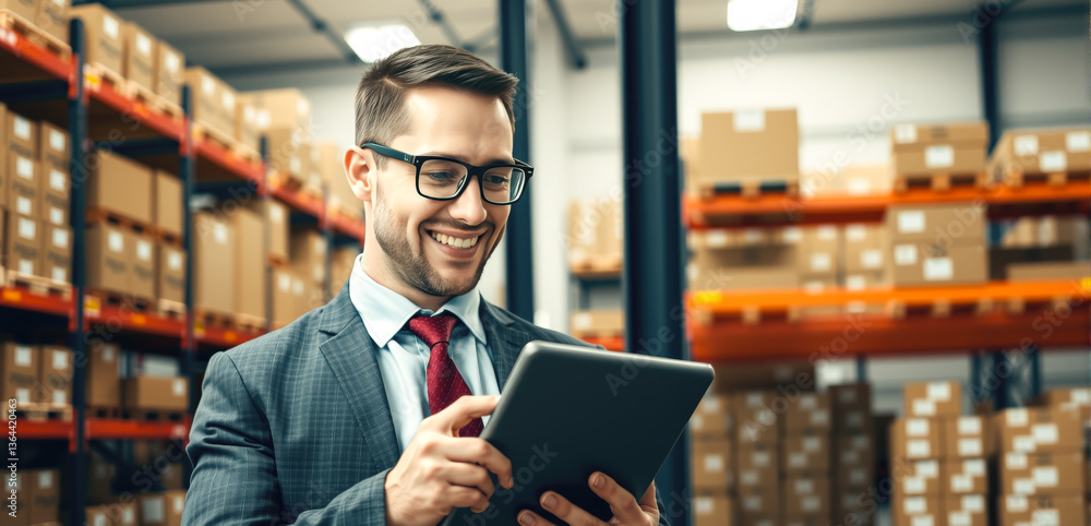 A man stands in a warehouse, holding a tablet computer and carefully checking the inventory list for the presence of goods. Generative AI. A man stands in a warehouse, holding a tablet computer and carefully checking the inventory list for the presence of goods. Generative AI.