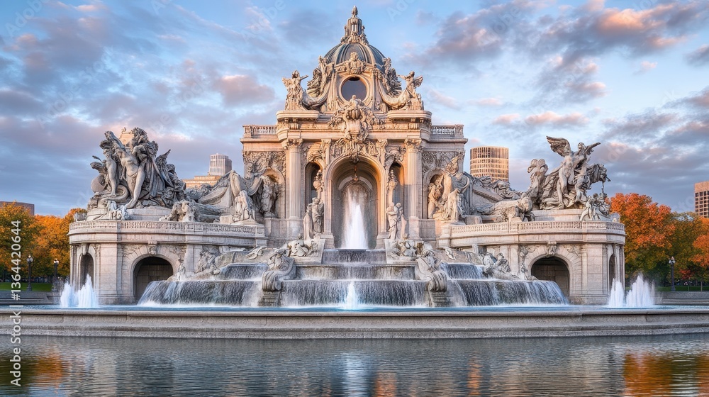 Fototapeta premium Elegant Ornate Fountain Majestically Displays Water Cascades