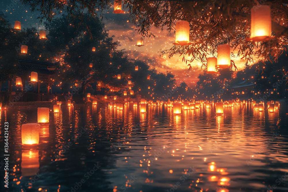 Fototapeta premium floating lanterns over a calm river
