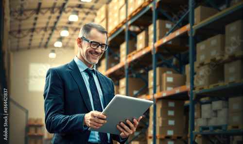 A man stands in a warehouse, holding a tablet computer and carefully checking the inventory list for the presence of goods. Generative AI. 