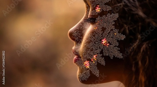 Close-up profile portrait, floral design