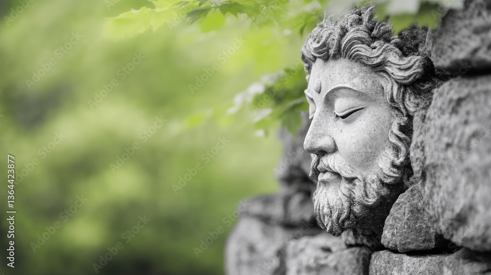 Peaceful stone sculpture head in tranquil garden setting Peaceful stone sculpture head in tranquil garden setting