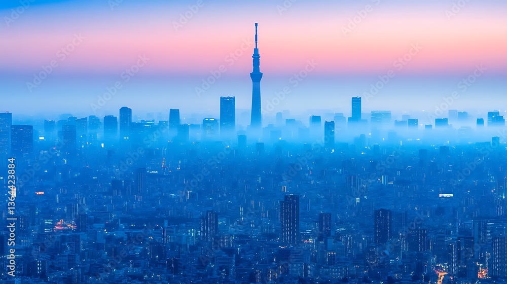 Obraz premium Misty Tokyo city skyline at dawn.